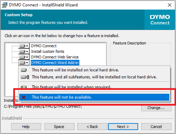 DYMO Connect Word Addin option